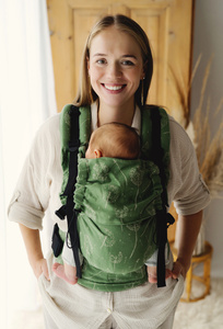 Marsupiu ergonomic Prime Linen Lightness – verde și ecru, cu in, pentru nou-născuți și copii până la 3 ani