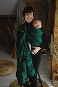 Sling cu inele Lotus Veil mărimea M (2 m) – model jacquard cu flori de lotus, în verde și negru