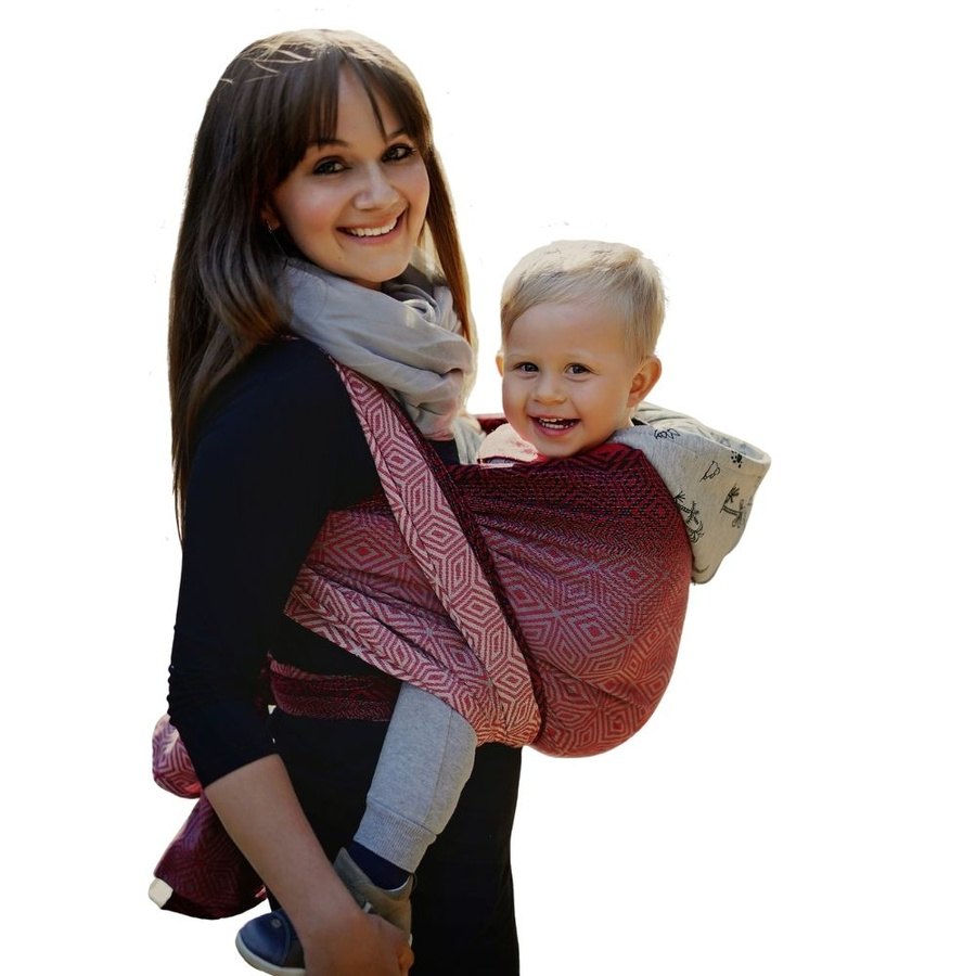 Eșarfă port-bebe țesută Ruby Cube mărimea 5 – negru, gri și roșu, cu model jacquard
