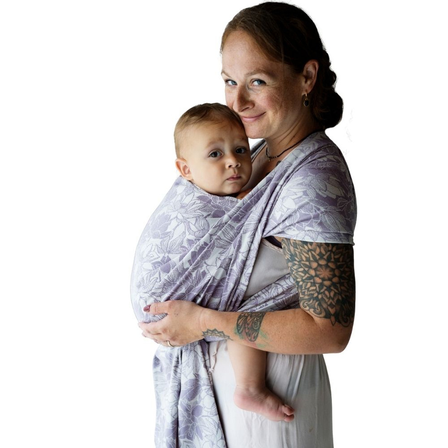 Eșarfă port-bebe țesută Lotus Bloom mărimea 4 – model jacquard cu flori de lotus, în violet deschis și ecru