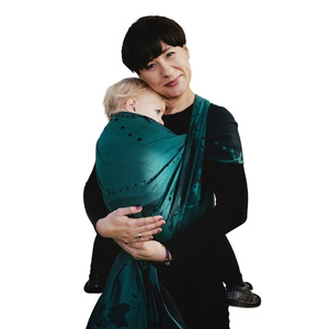 Eșarfă port-bebe țesută Teal Wanderlust mărimea 4 – negru și teal, cu model hartă a lumii