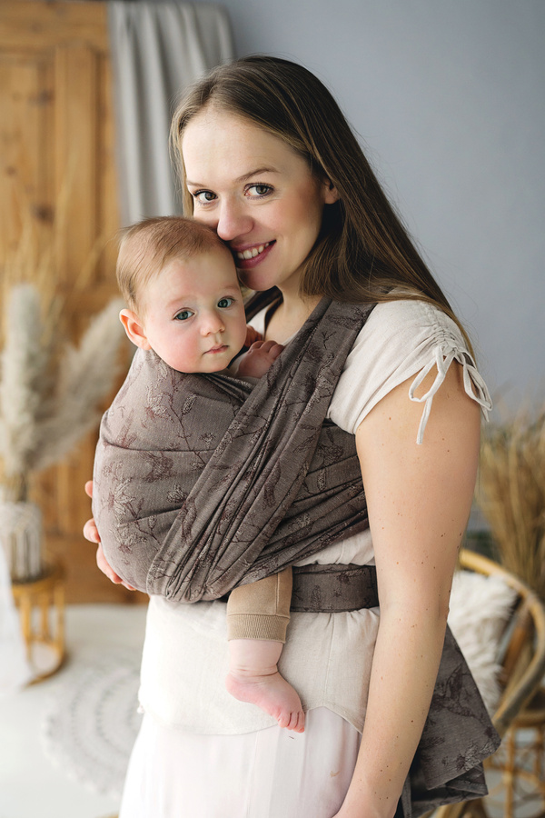Eșarfă port-bebe țesută Linen Joy of Life mărimea 5 – cu in, model maro cu colibri