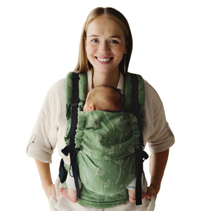 Marsupiu ergonomic Prime Linen Lightness – verde și ecru, cu in, pentru nou-născuți și copii până la 3 ani