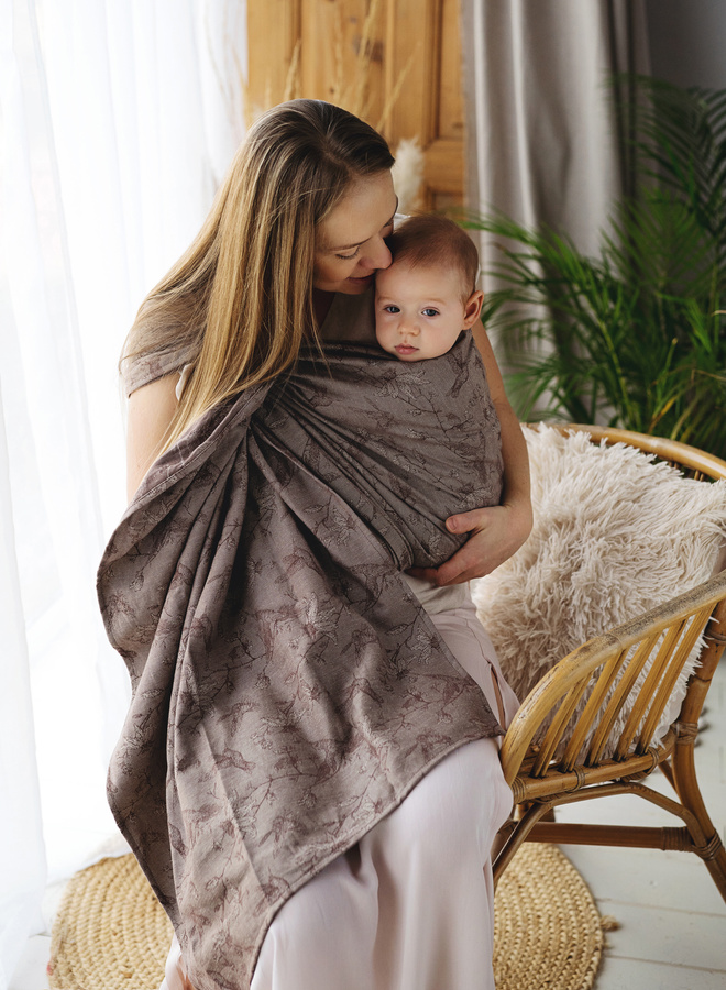 Sling cu inele Linen Joy of Life mărimea M (2 m) – cu in, model maro cu colibri