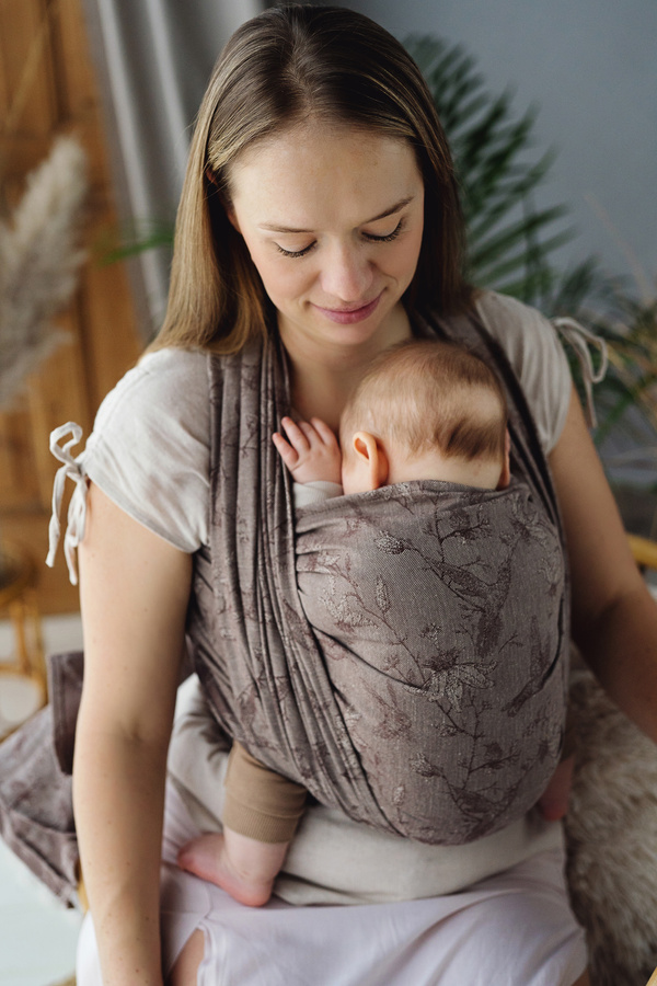 Eșarfă port-bebe țesută Linen Joy of Life mărimea 5 – cu in, model maro cu colibri