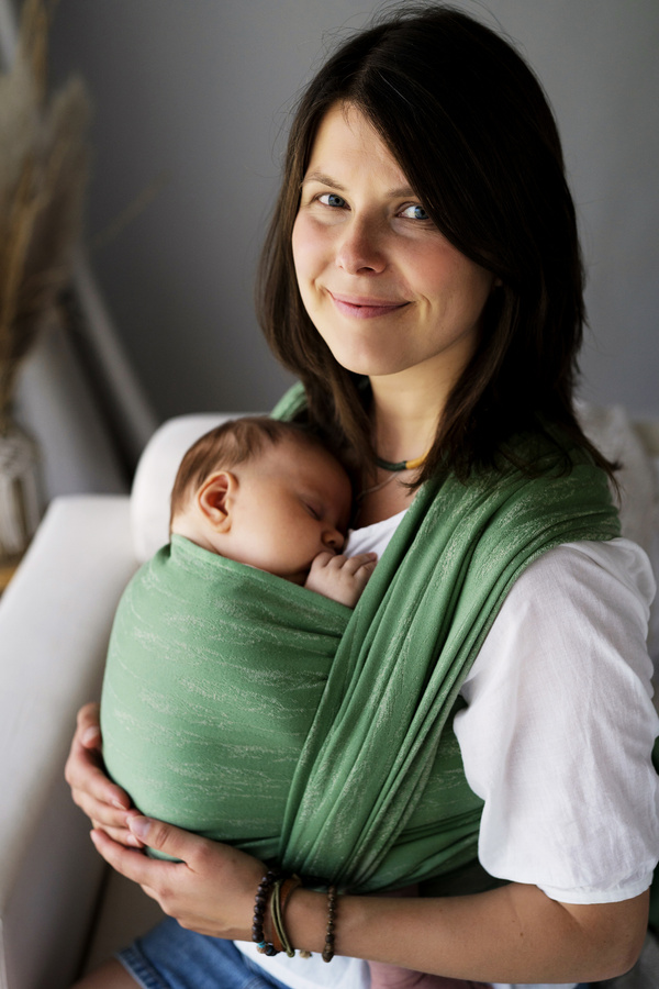 Eșarfă port-bebe țesută Linen Whisper mărimea 4 – cu in, verde, model subtil cu spice de iarbă