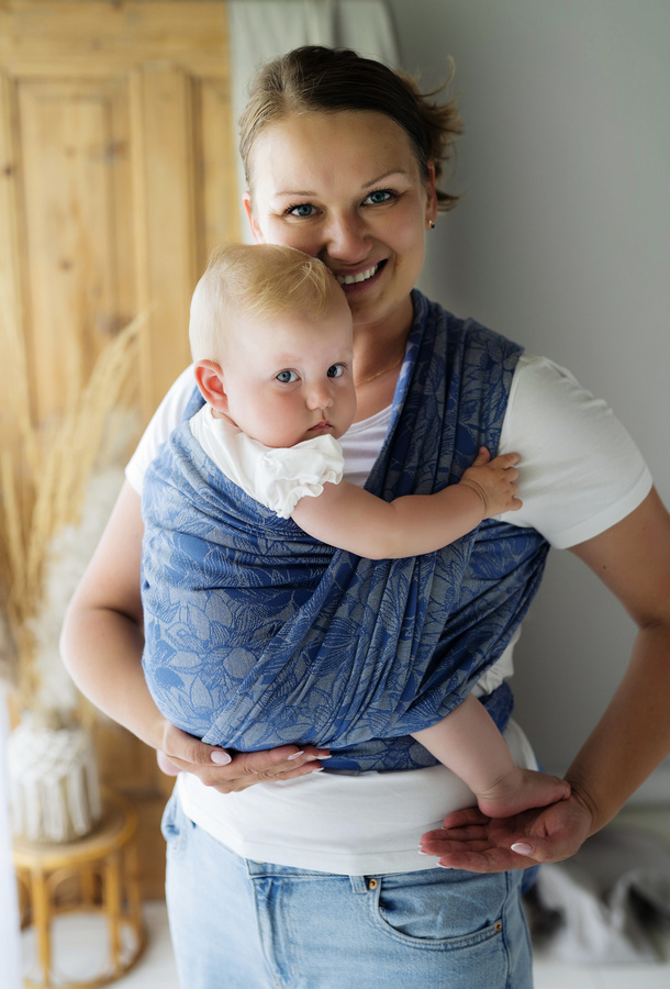 Eșarfă port-bebe țesută Linen Lotus Breeze mărimea 7 – cu in, model lotus în nuanțe de albastru și in natural